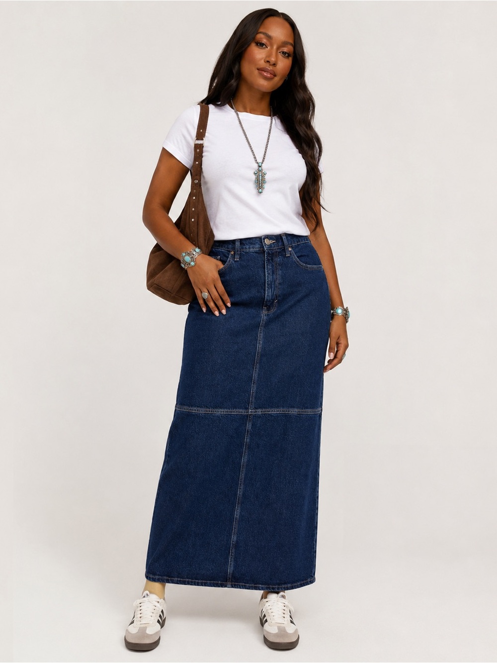 a.n.a Dark Denim Carpenter Maxi Jean Skirt Scandi girl Model off-duty Minimal